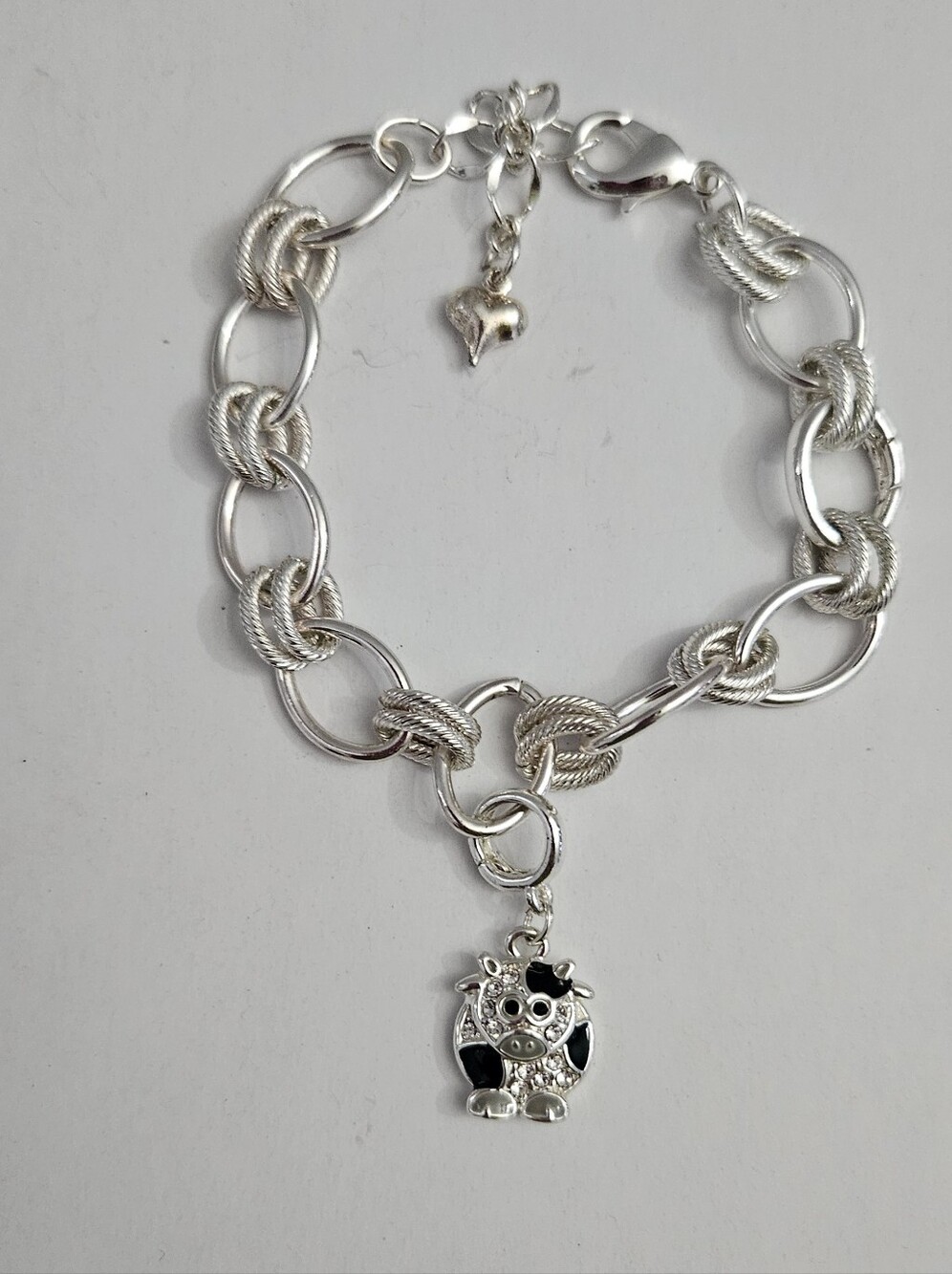 Chunky Multi-Strand Charm Bracelet Silver Plated Cow Charm With Rhinestones And